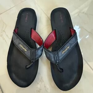 COACH black gray logo emblem leather slip on thong sandals